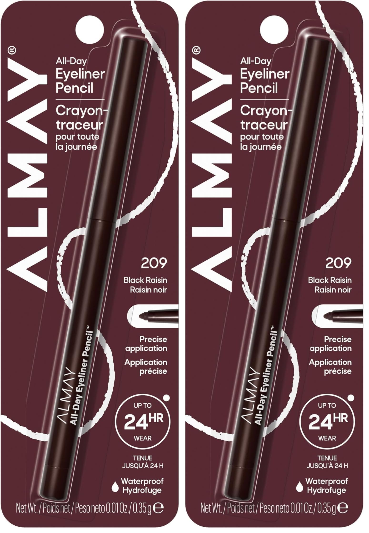 almay all-day eyeliner pencil, smudge proof, waterproof eye makeup, hypoallergenic, built-in sharpener, 209 black raisin, 0.01 oz (pack of 2)