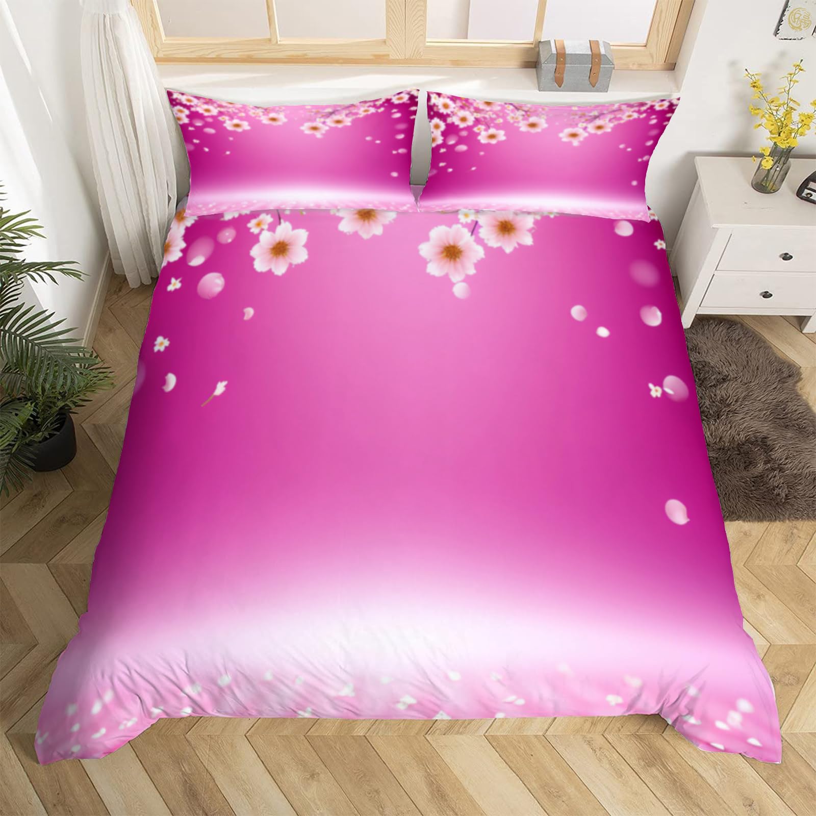 Housse de Couette 220x240 Fleurs de Cerisier Parure Lit 2 Personnes