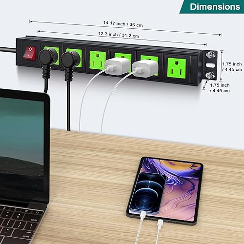 Miniatura 8 de QBA Tira de alimentación metálica de 6 tomas, tira de alimentación amplia y resistente, regleta de alimentación montable para oficina en casa,