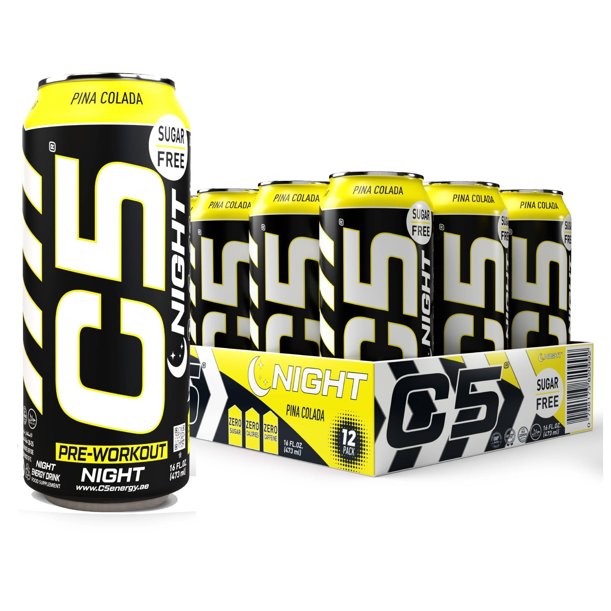 Drink Night Pina Colada, Pre Workout, Zero Caffeine, Sugar Free, Zero Calories with Beta Alanine, L-Arginine 16fl.OZ, 473ml Caffeine Free Preworkout Pack of 12