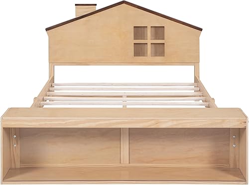 Miniatura 32 de Cama de plataforma de madera de tamaño individual con cabecera en forma de casa, soporte de listones de madera, para dormitorio de niños, niñas,