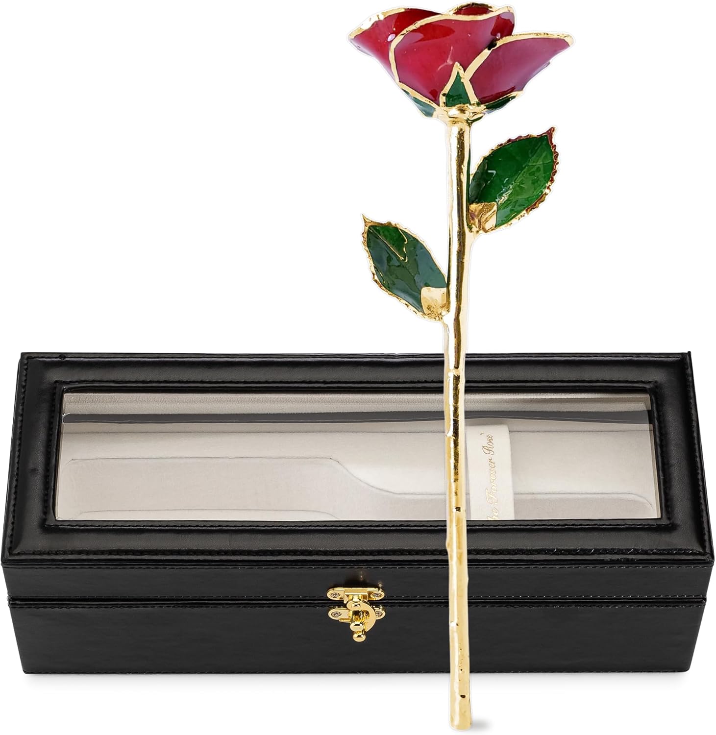 Forever Rose Gold Trimmed Red Open Bloom Real Rose Dipped in 24K Gold, Ready to Gift, Presented in Vegan Leather Case with LED Light, Unique & Everlasting Gift for Any Occasion
