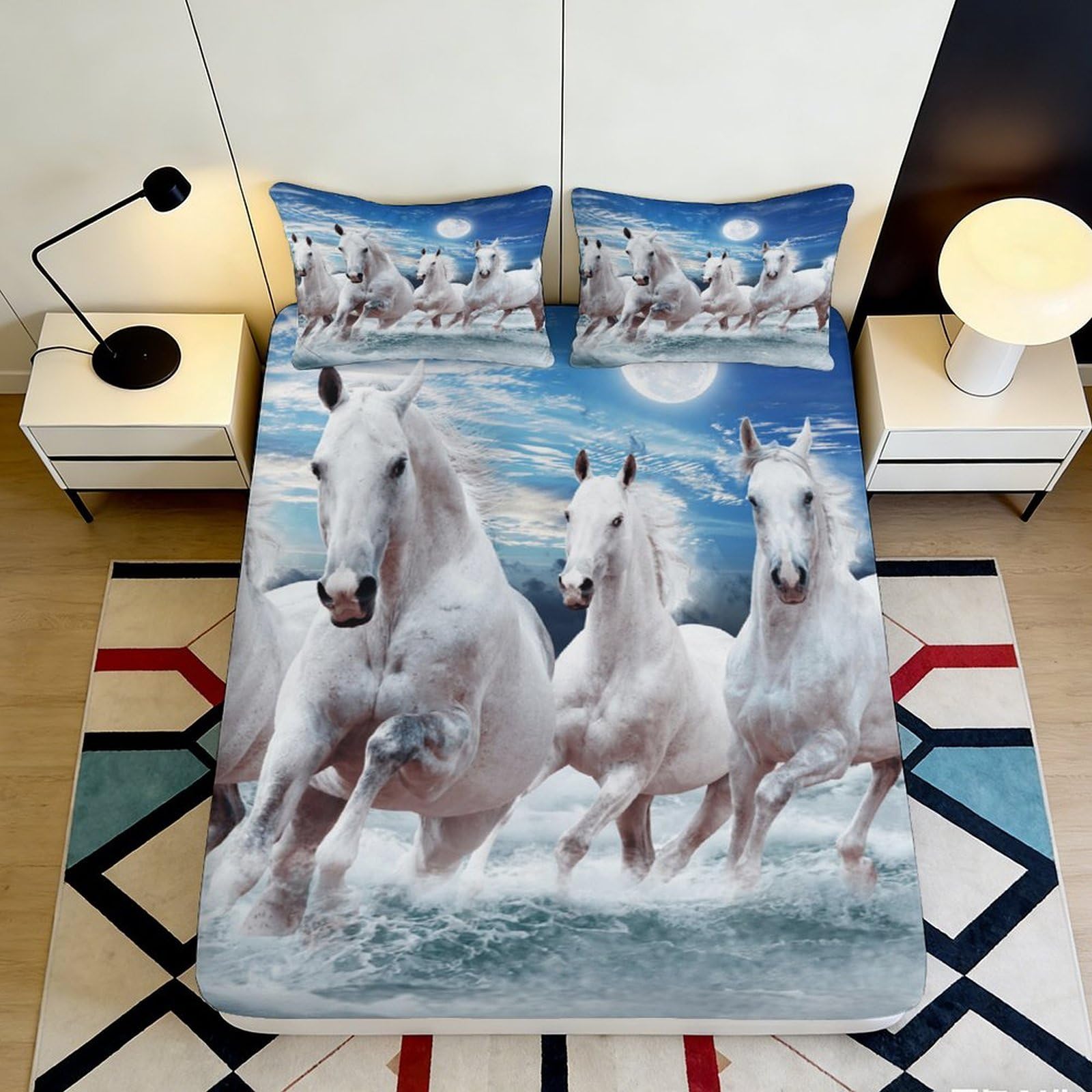 Jqzkxnhpbr Style-7 3D Printed White Horse Fitted Sheet Microfiber Soft Non Slip Moonlight Bed Cover For All Ages Bedroom Decor 90X200x25cm