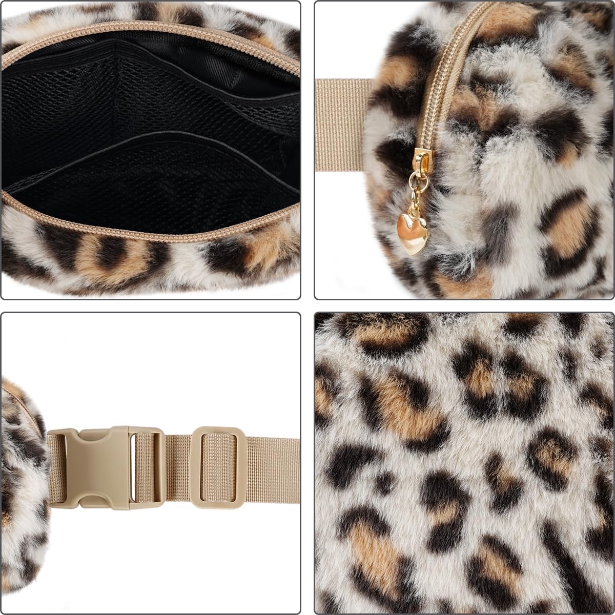 Fuzzy Belt Bag Waist Fanny Pack for Girls Cute Lovely Leopard Waist Packs Crossbody Bags for Women Trendy Teen Girl Kids Daughter Sister Her Preppy Girly Stuff Fuzzy Plush Waist Pack Bag, Cream - Image 2