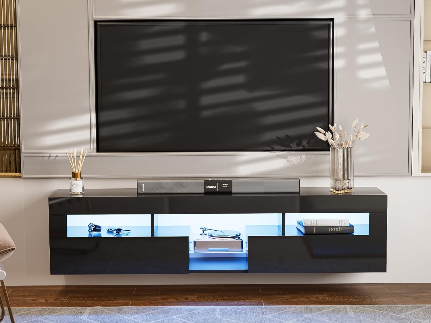 AOVSA LED Floating TV Stand for 75+ inch TV,Black Modern
