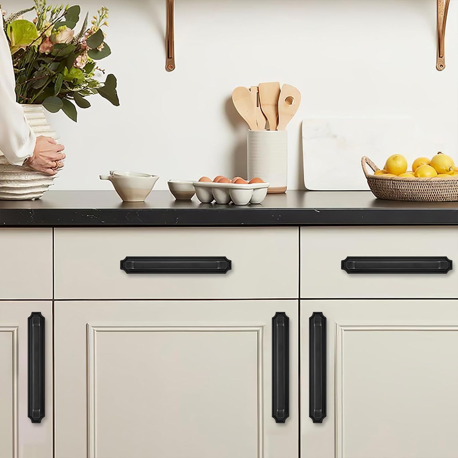 khtumeware 5 Pack 3 Inch Hole Center Matte Black Cabinet Pulls with Backplate - Heavy-Duty Handles for Kitchen Cabinets - Solid Base Plate Hardware for Drawers