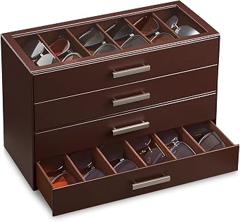 ProCase Sunglasses Organizer Box with Clear Glass Lid, PU Leather Eyeglass Storage Display Case for Men and Women