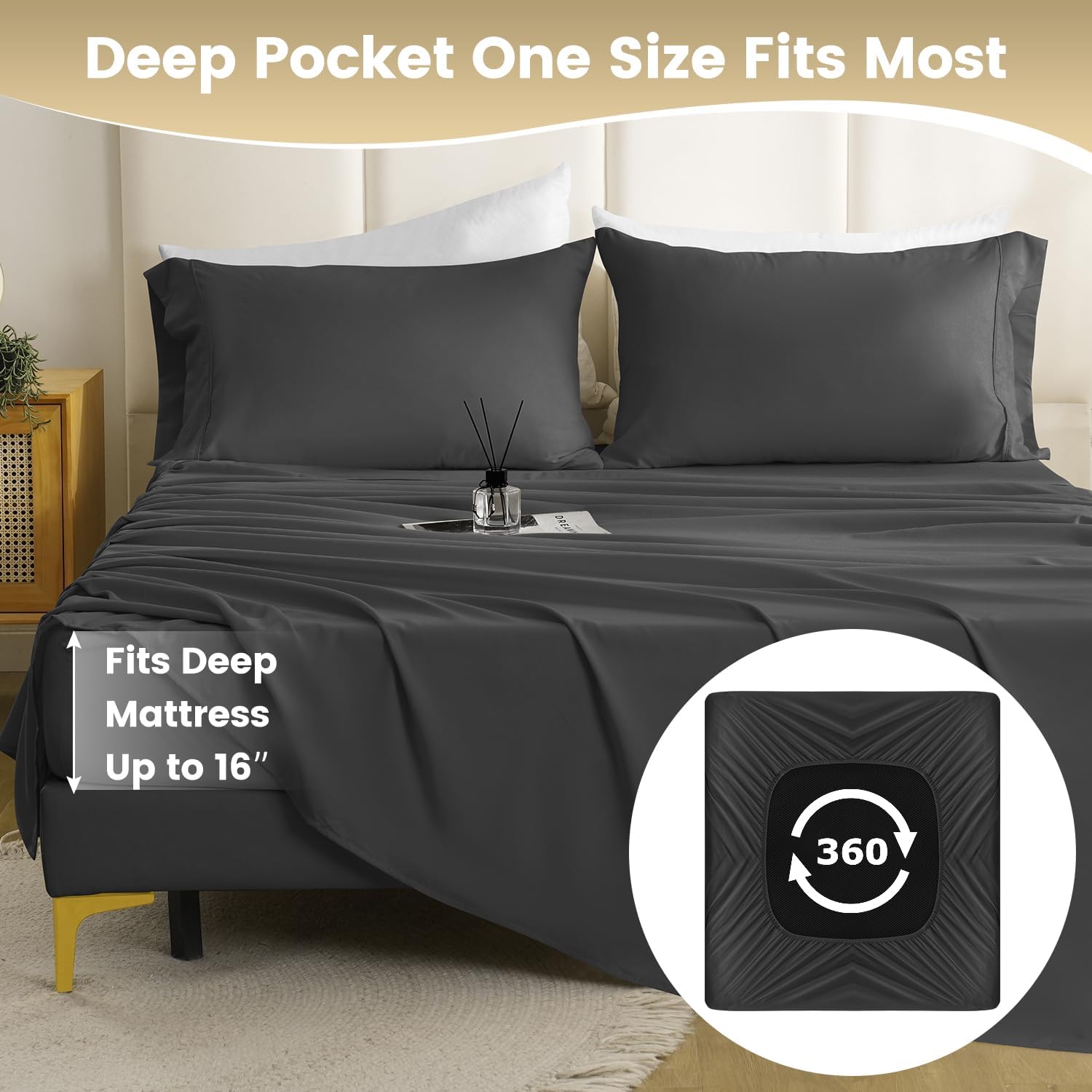 Twin XL Sheet Set -Hotel Luxury 4 Piece Silky Soft Breathable Cooling Twin Size Sheet Sets,Fits 16" Deep Pocket Mattress, Easy Care Wrinkle Free Bedding Sheet and Pillowcase Bed Sheet Set, Dark Gray - Image 2