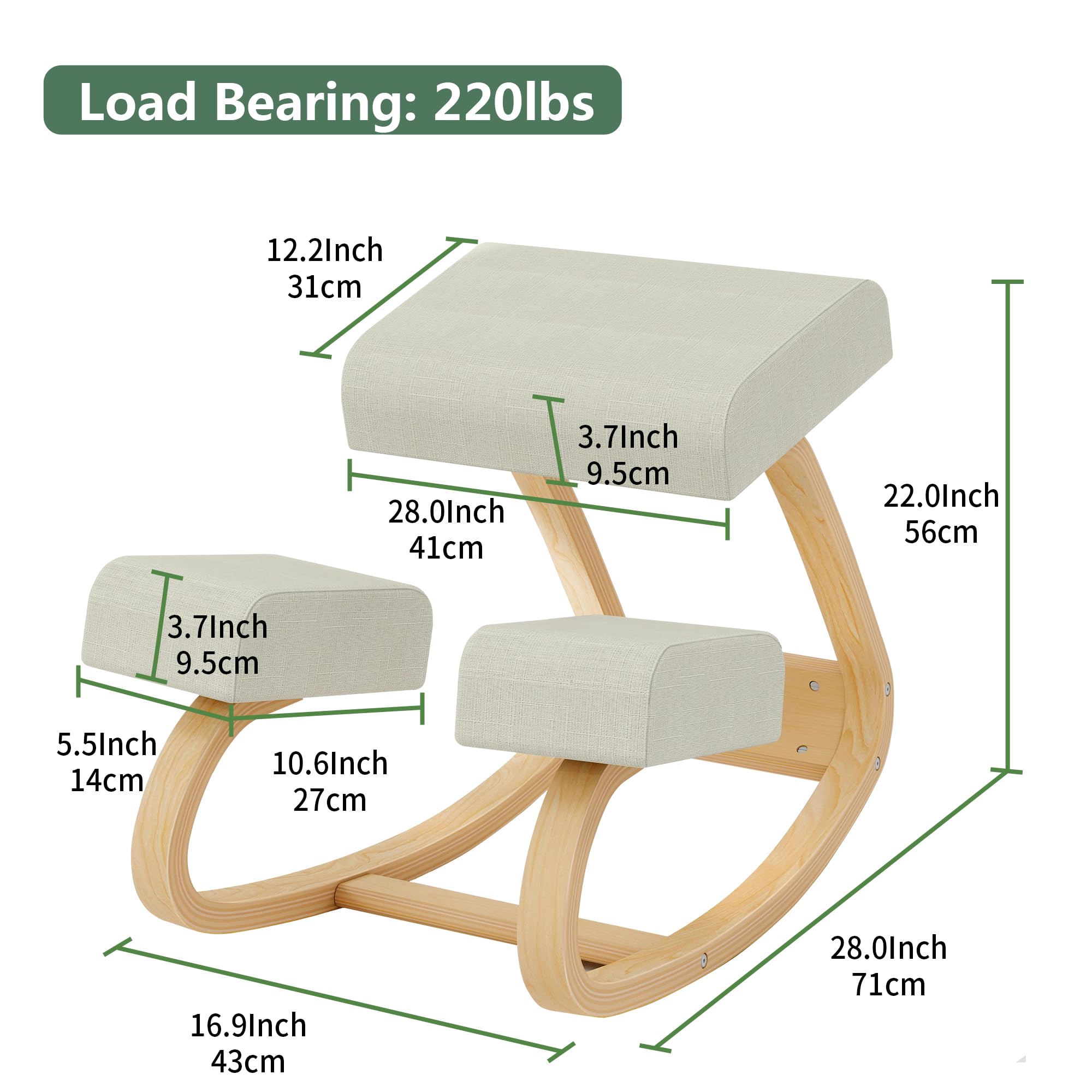 Ergonomischer Kniestuhl ausMassivholz mit Wippfunktion,gepolsterte Sitz-und Knieauflage fuirBuro, Homeoffice und Lernen, bis 100kg
