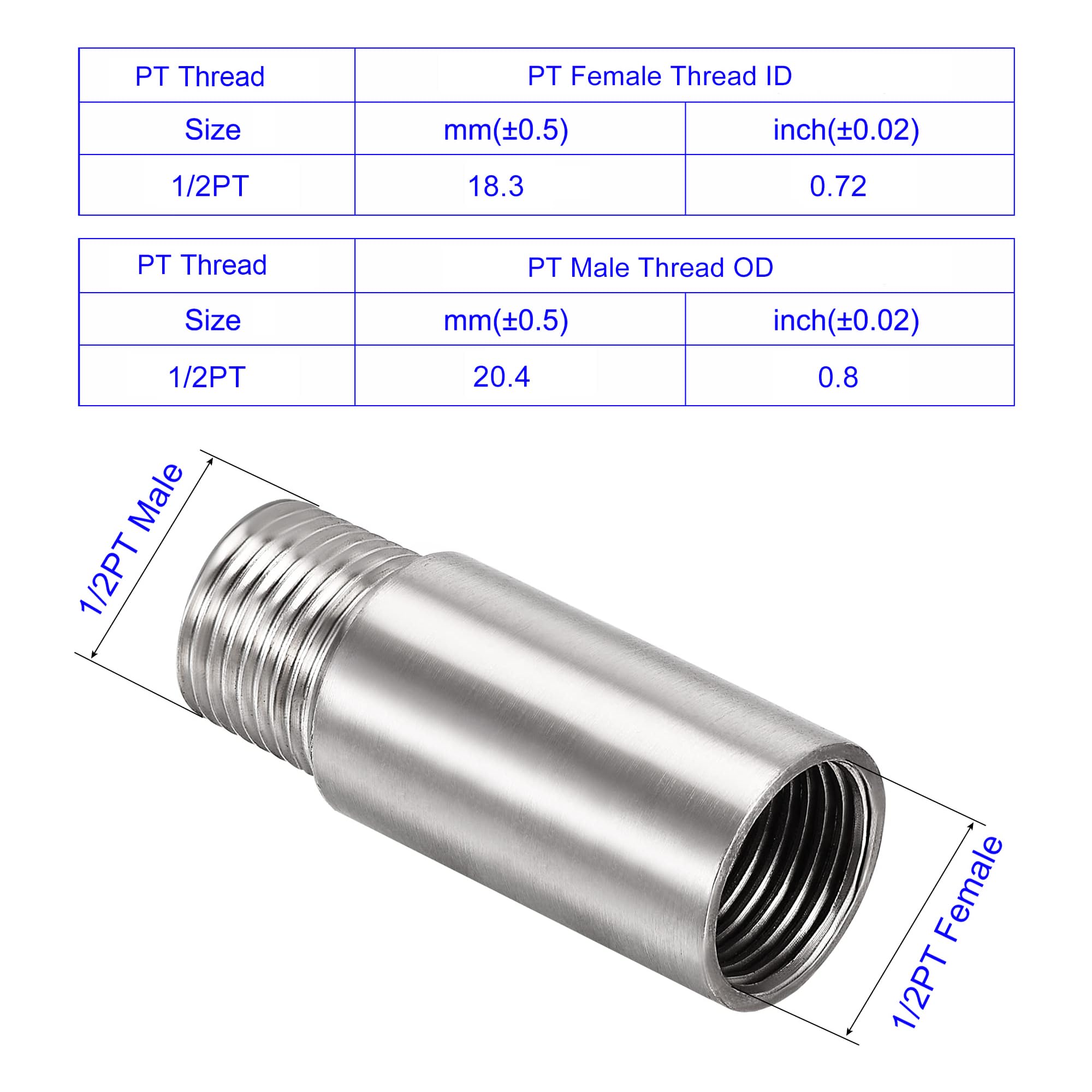 MACHSWON Shower Head Extension Arm,60mm Shower Arm Extension Shower Head Extender 304 Stainless Steel 1/2PT Male to 1/2PT Female Thread 2Pcs - Image 3