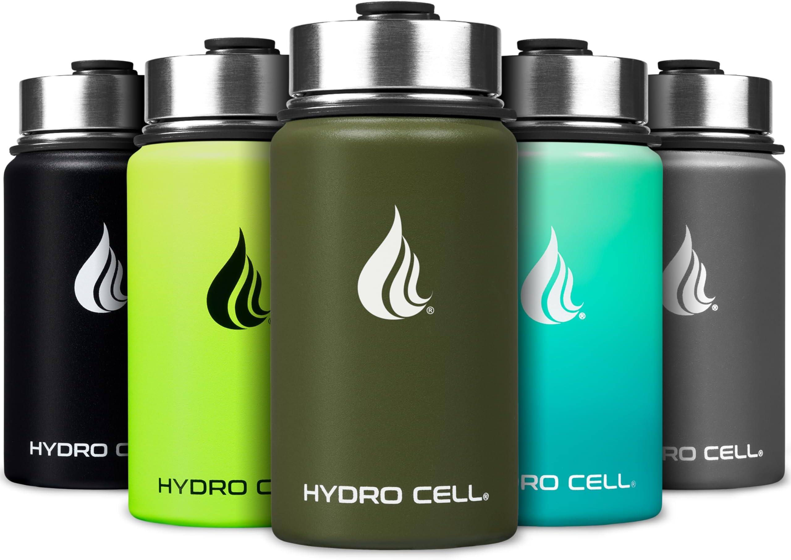 HYDRO CELL Stainless Steel Water Bottle w/Straw & Wide Mouth Lids (40oz 32oz 24oz 18oz) - Keeps Liquids Hot or Cold with Double Wall Vacuum Insulated Sweat Proof Sport Design (Army 14oz)