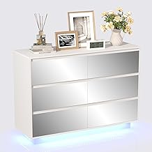 UEV Storage Cabinet with 6 Drawers, 100 cm Mirror, Large Storage Capacity, 16 Colour LED Lighting, for Bedroom, Living Room, Office, 100 x 34 x 72.5 cm, White