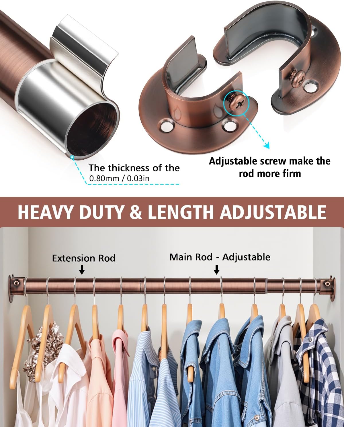 Closet Rods for Hanging Clothes (Antique Copper, 18.0" - 52.0")