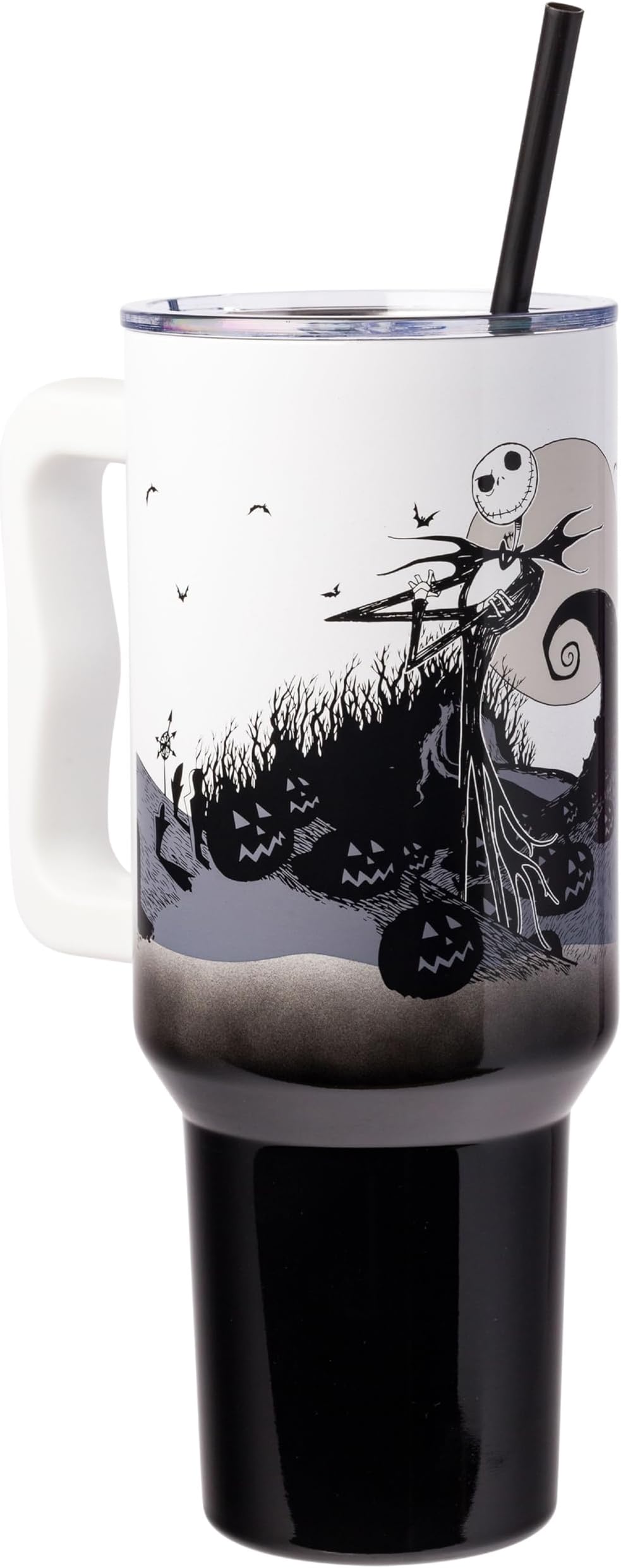 Silver Buffalo Nightmare Before Christmas Jack BW Spiral Hill Pose Stainless Steel Tumbler w Handle, 40 Ounces