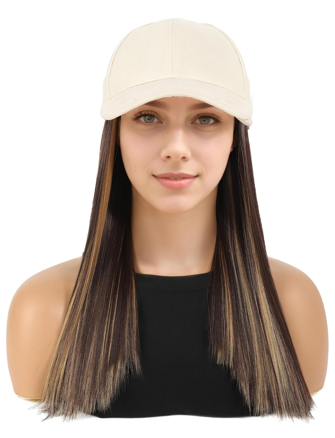Short Straight Wig for Women Shoulder Length with White Hat Adjustable Back Velcro Colour Concert Natural Wig Dark Light Brown Highlight