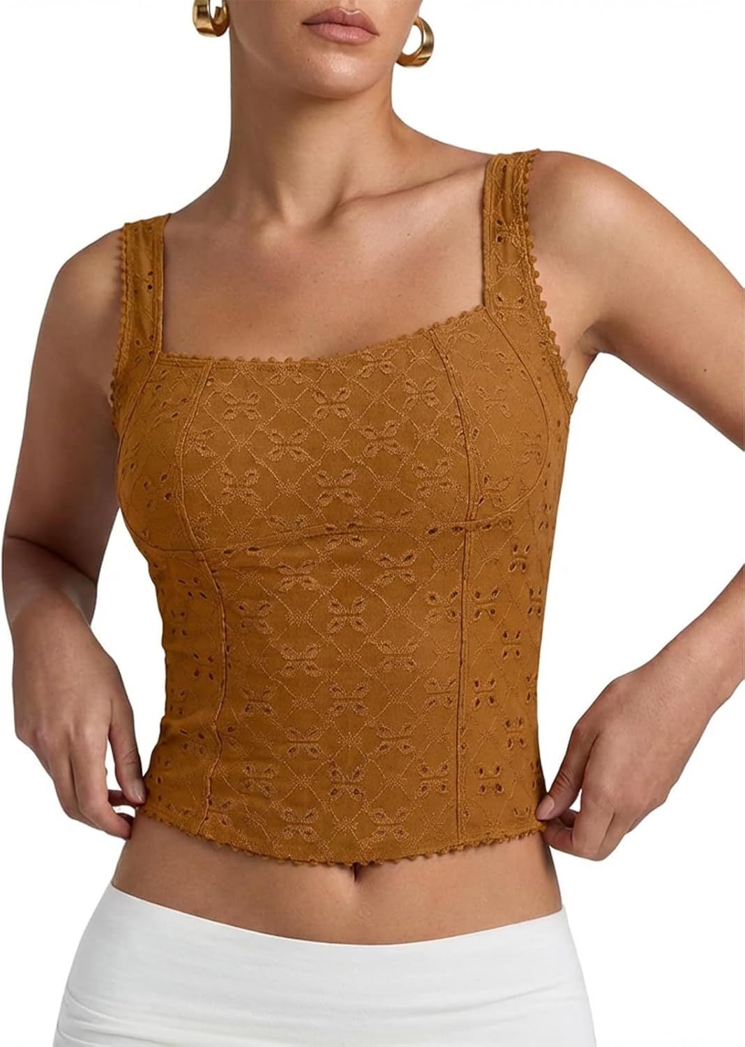 Women's Sexy Square Neck Eyelet Hollow Out Sleeveless Back Cutout Y2K Going Out Double Lined Cropped Tank Tops