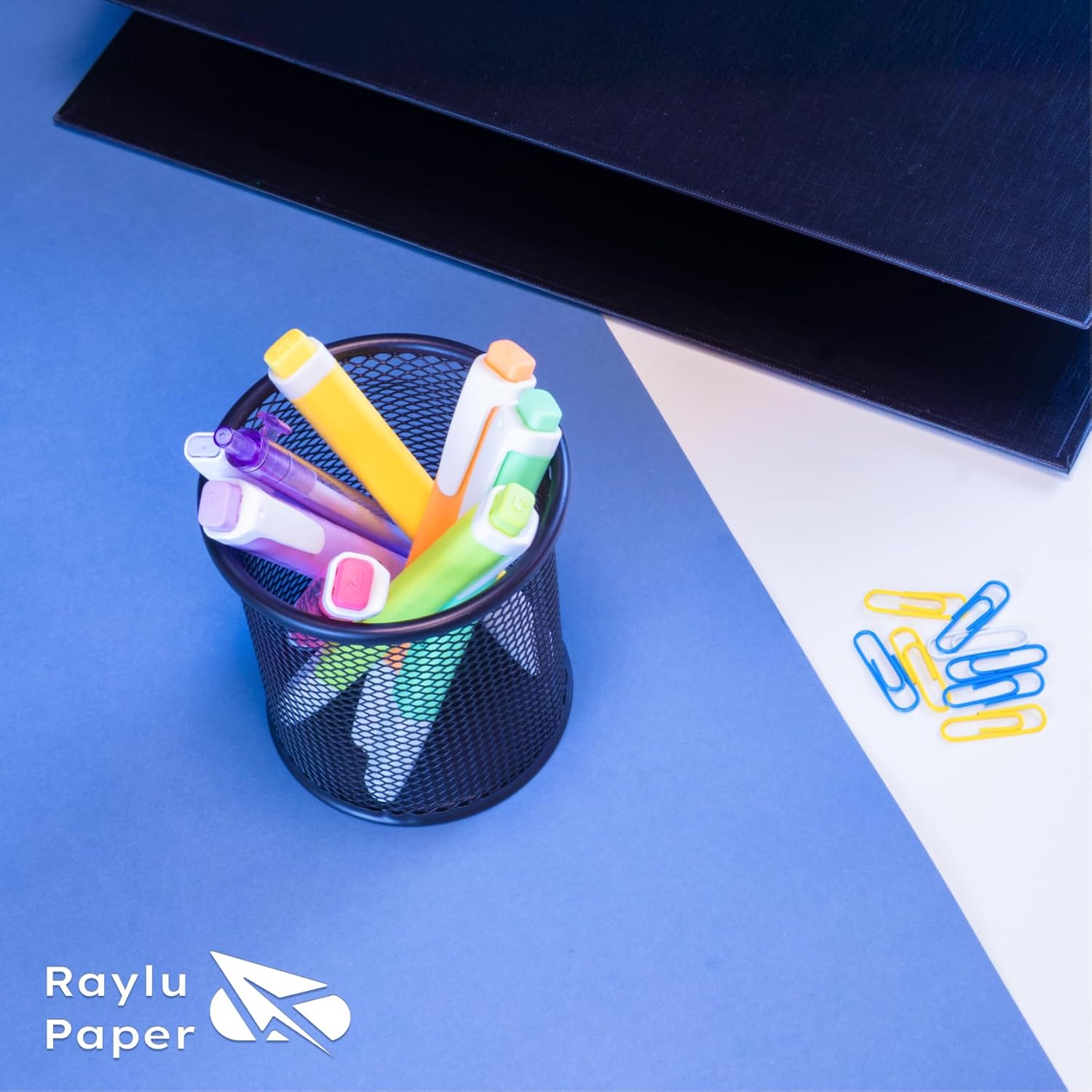 RAYLU PAPER® - Round Metal Mesh Desk Pen Holder, Grid Pencil Holder, Office Desk Organizer with 90mm Diameter (Silver)