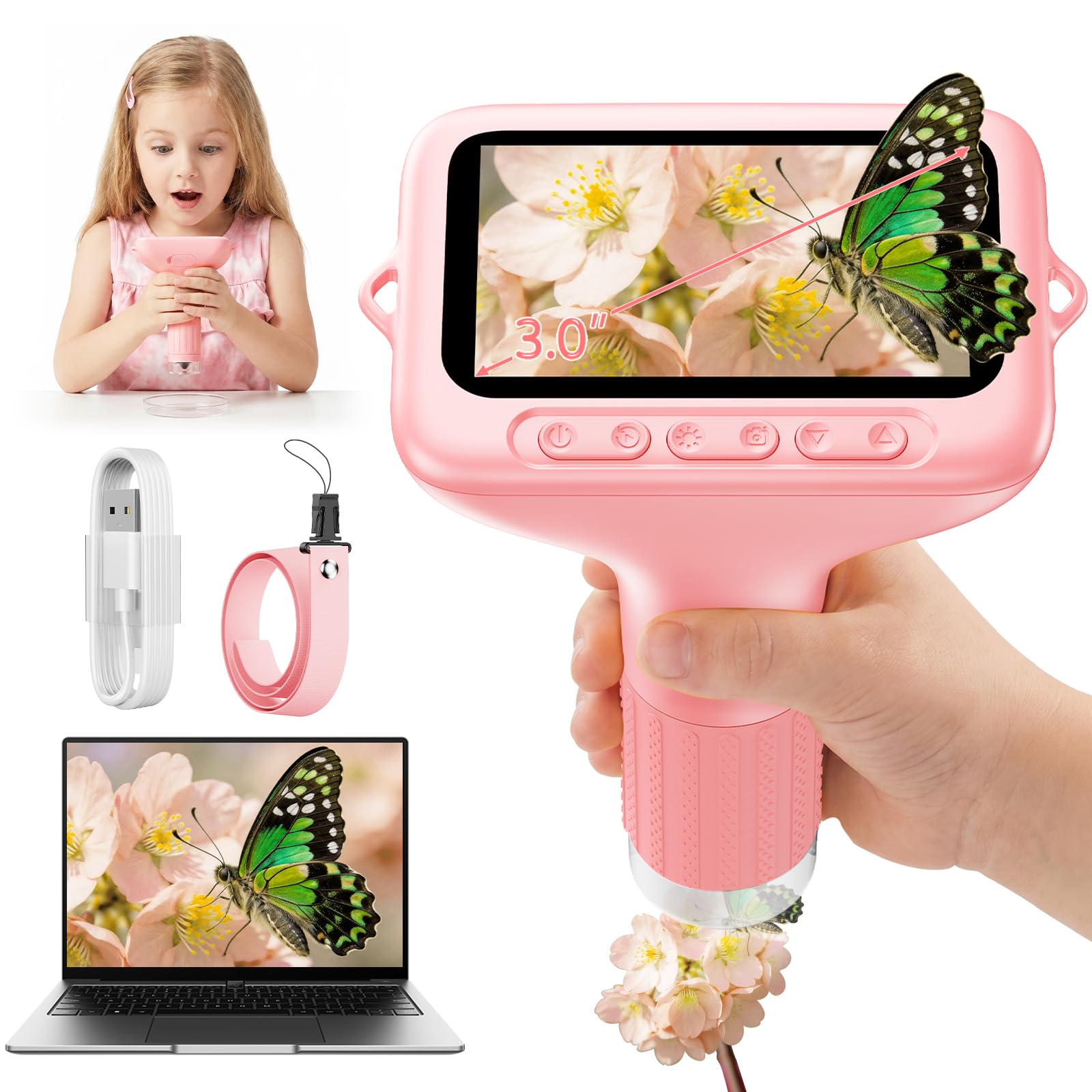 ASPOVEN Digitales Mikroskop Kinder 1000x, 3,0-Zoll-Handmikroskop | Tragbares Kindermikroskop mit 8 LED-Leuchten, Foto, Videofunktion und PC-kompatibel für Garten, Wald, Outdoor & Geschenk