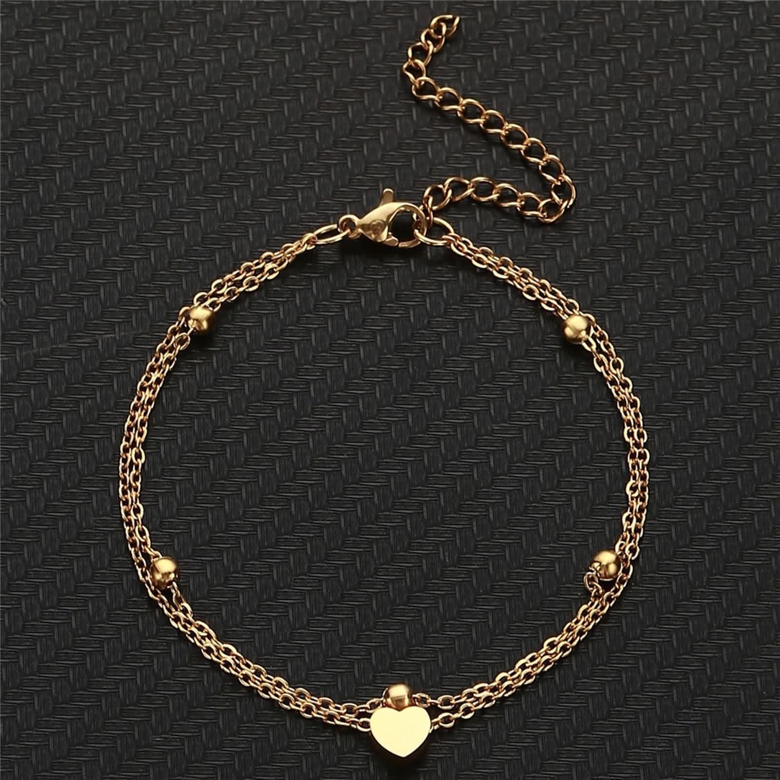 Tobillera para mujer, resistente al agua, oro blanco de 14 K, Au585, oro 585, cadena doble con corazón, tobilleras bohemias para mujer, verano, vacaciones, para mujeres, niñas, madre para mujer