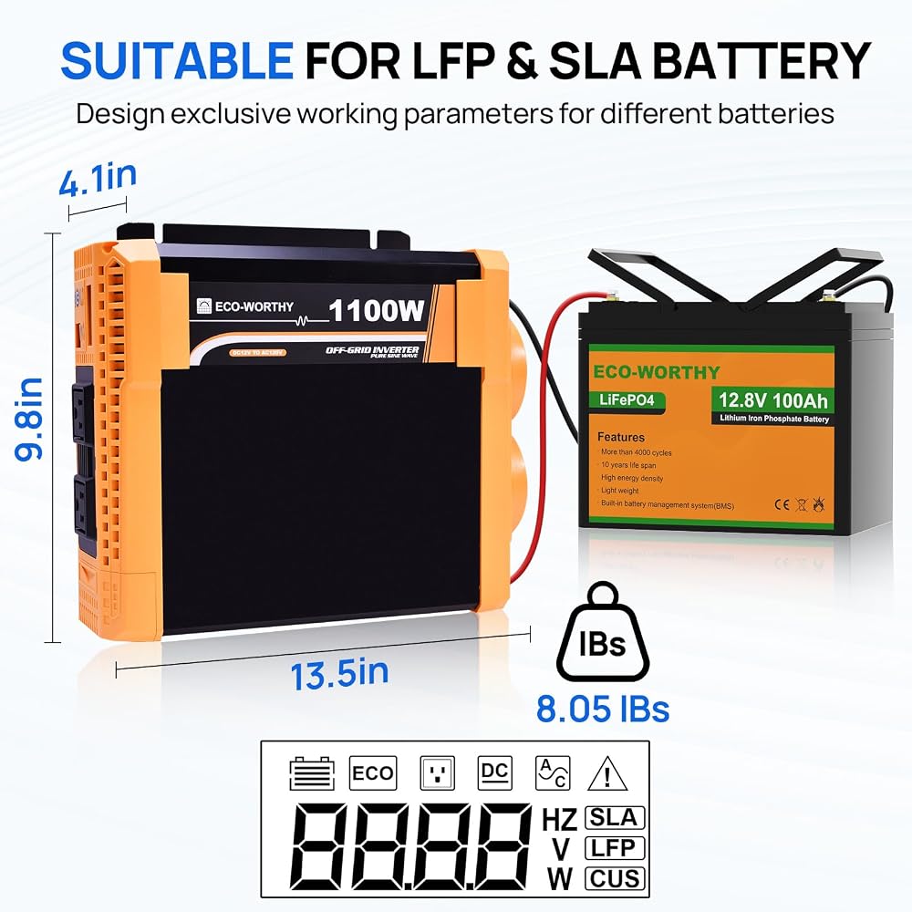 ECO-WORTHY 1100W Pure Sine Wave Inverter with ECO Mode,12VDC to 120VAC 110VAC Converter with Bluetooth Module and Monitor APP,1100W Power Inverter for Off Grid Solar System RV Home Truck Camping