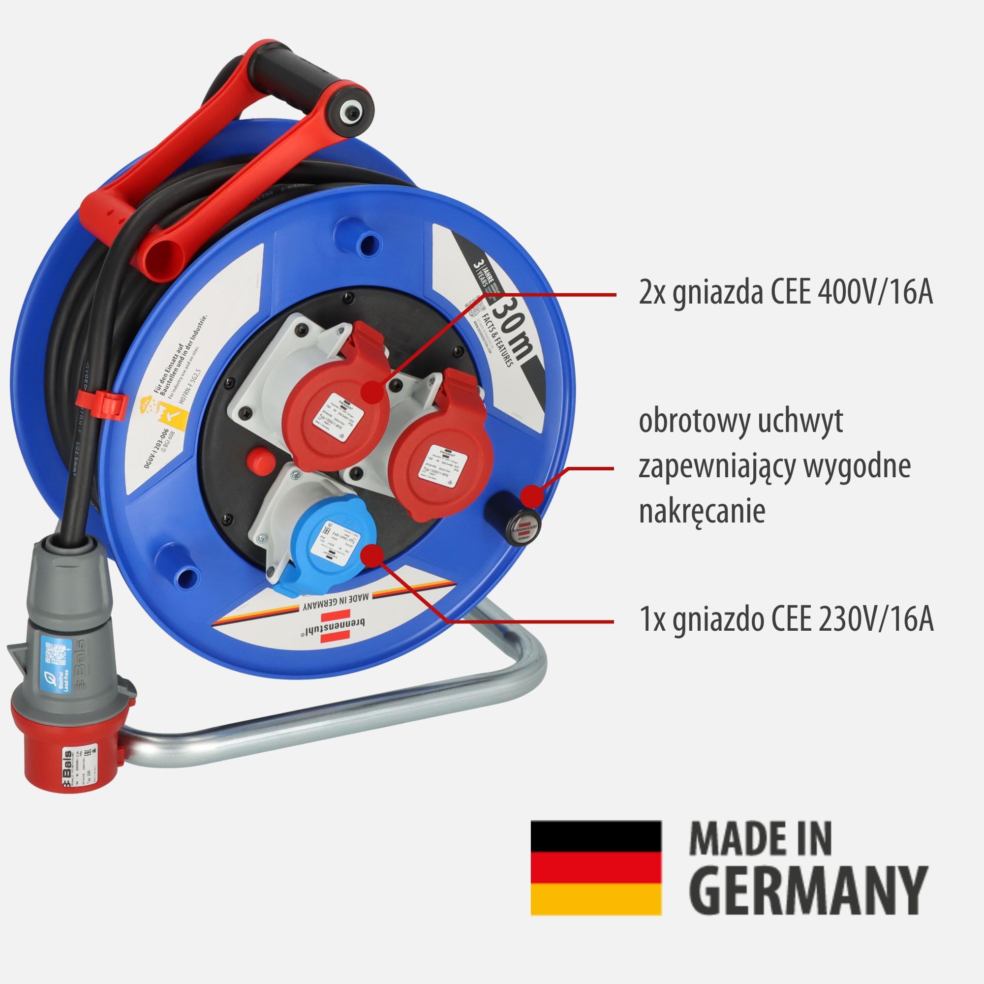 Brennenstuhl Przedłużacz bębnowy Garant CEE 3 do zastosowań przemysłowych/budowlanych (30 m kabla w kolorze czarnym, specjalne tworzywo sztuczne, do stałego użytku na zewnątrz, Made in Germany)