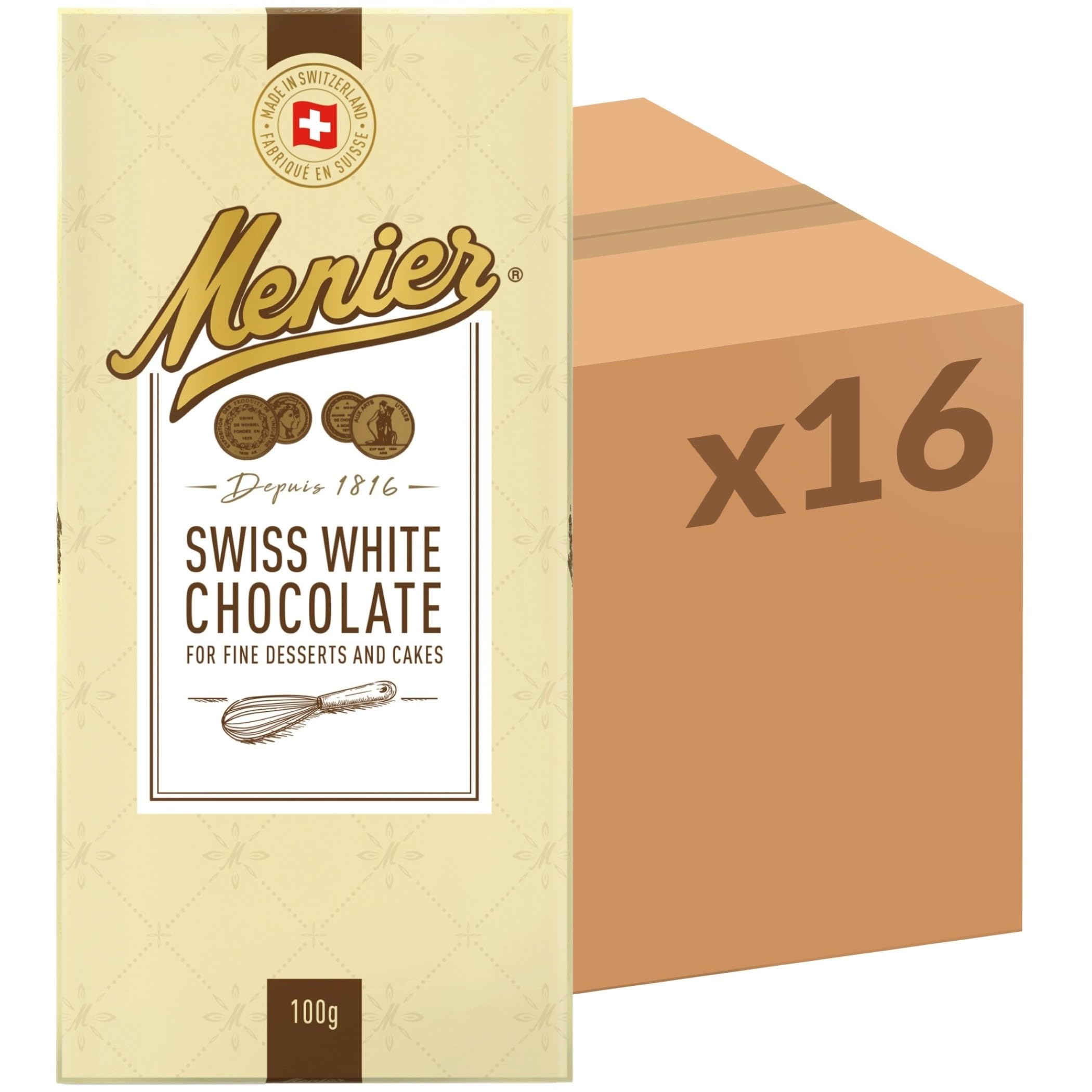 Menier Premium Swiss White Chocolate, 100 g (Pack of 16) – Exquisite Quality Chocolate for Baking, Rich and Sweet, Perfect for Cookies and Desserts