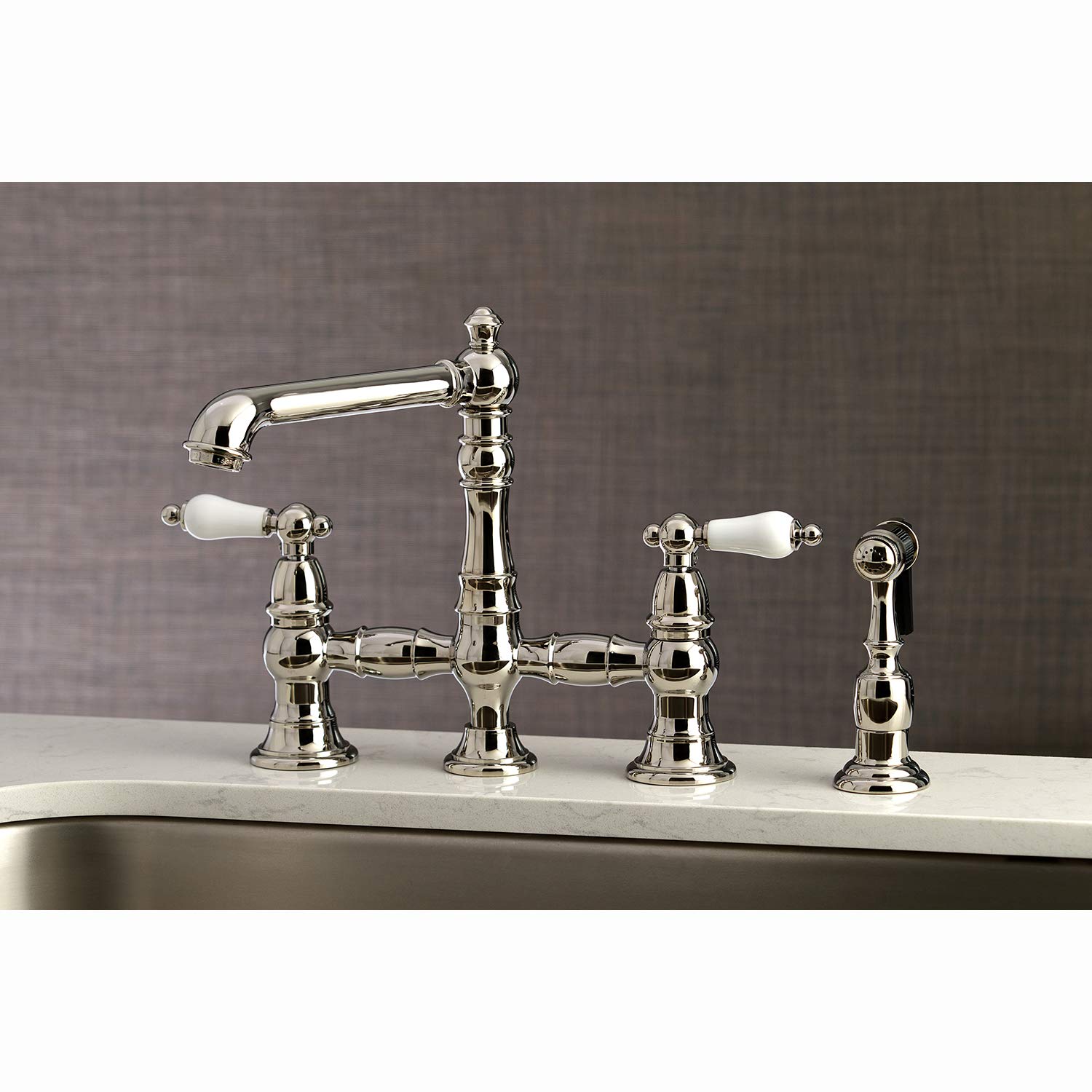 Kingston Brass KS7276PLBS Grifo de Cocina Puente de 8 Pulgadas con pulverizador, Níquel Pulido