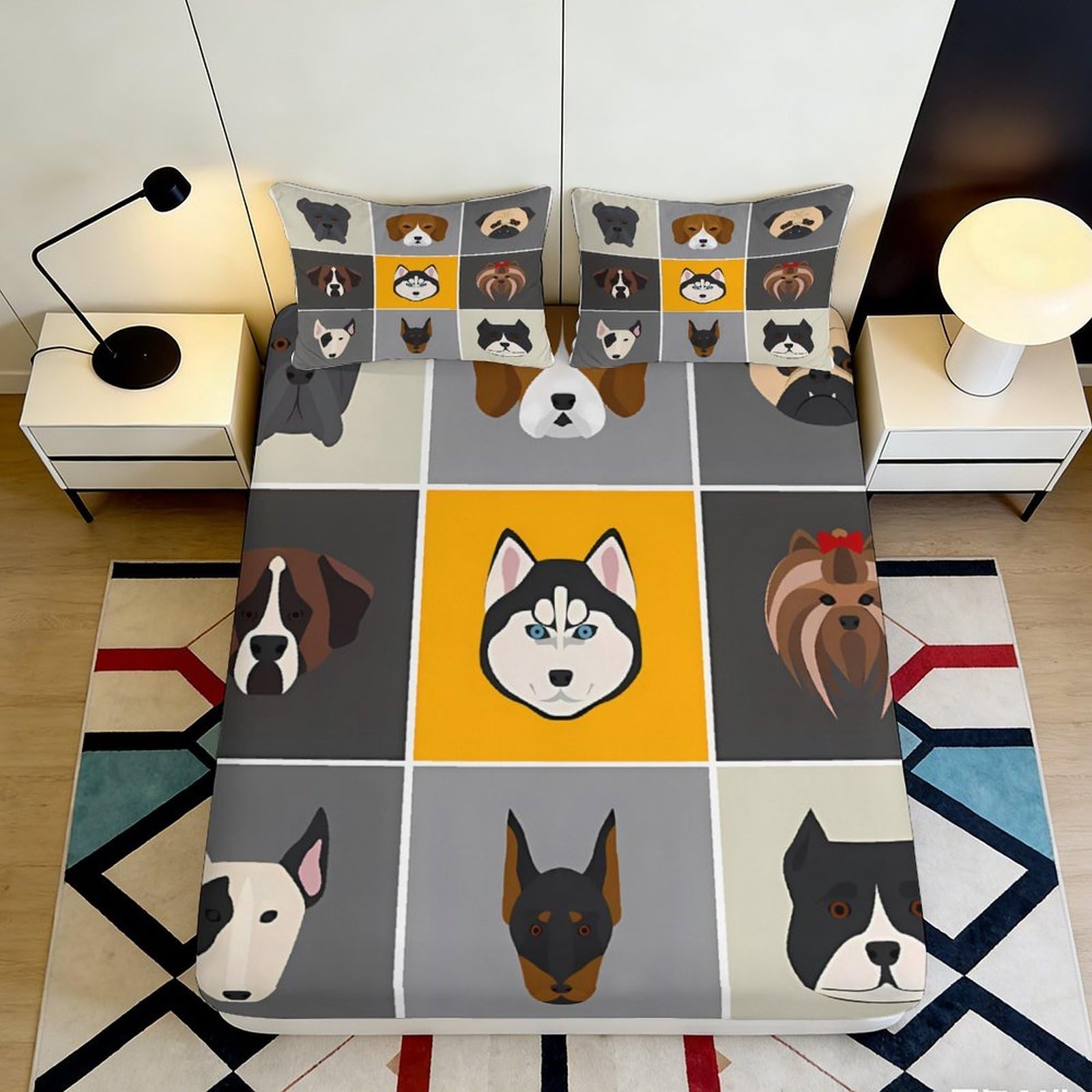 3D Printed Cartoon Dog Fitted Sheet Microfiber Colourful Patchwork Mattress Cover for Bedroom Dorm Decor 90x200x25cm