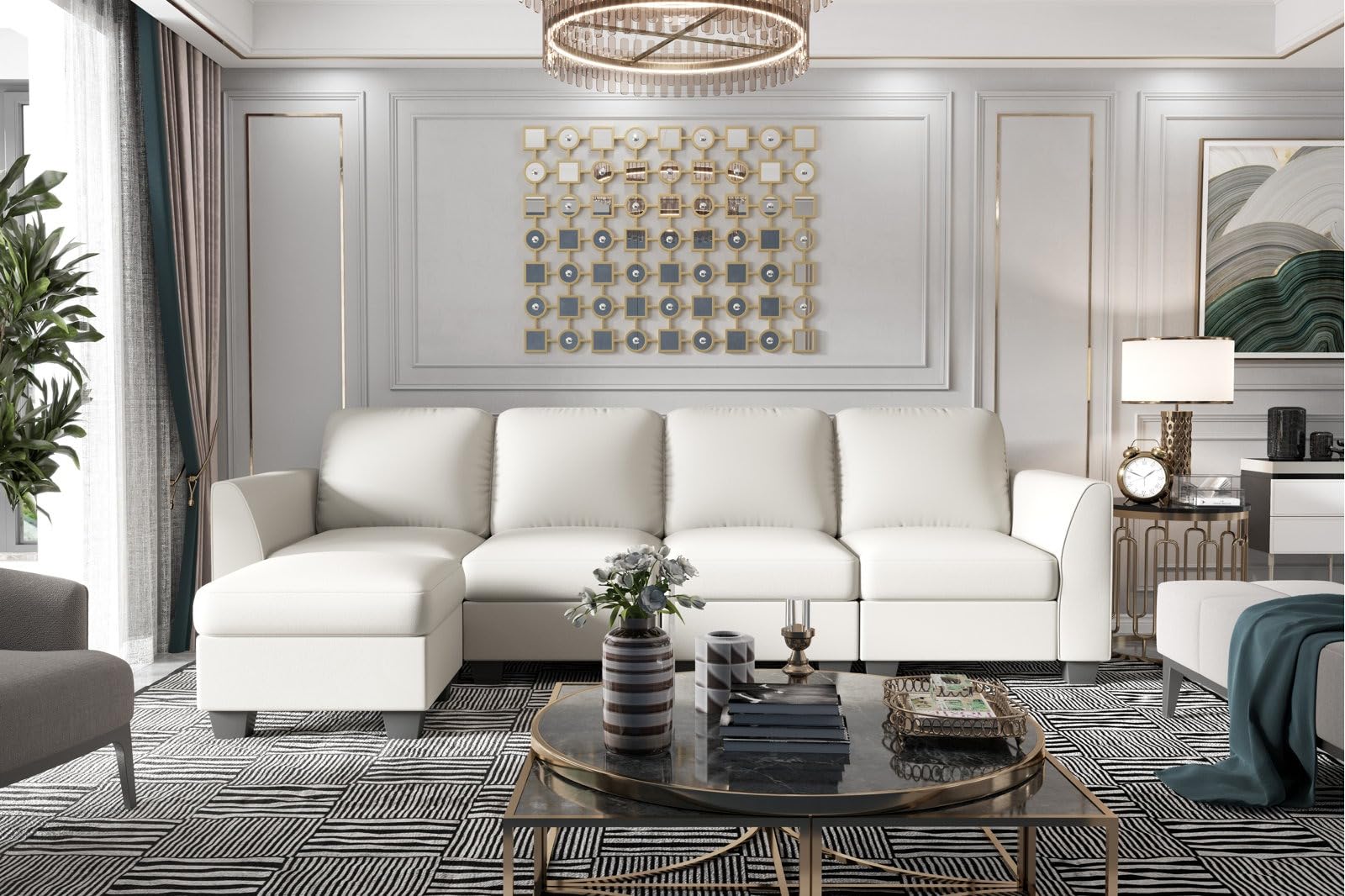 Cozyheaven Lecanto 4 Seater Fabric L Shaped Sectional Sofa Set for Living Room (Beige)