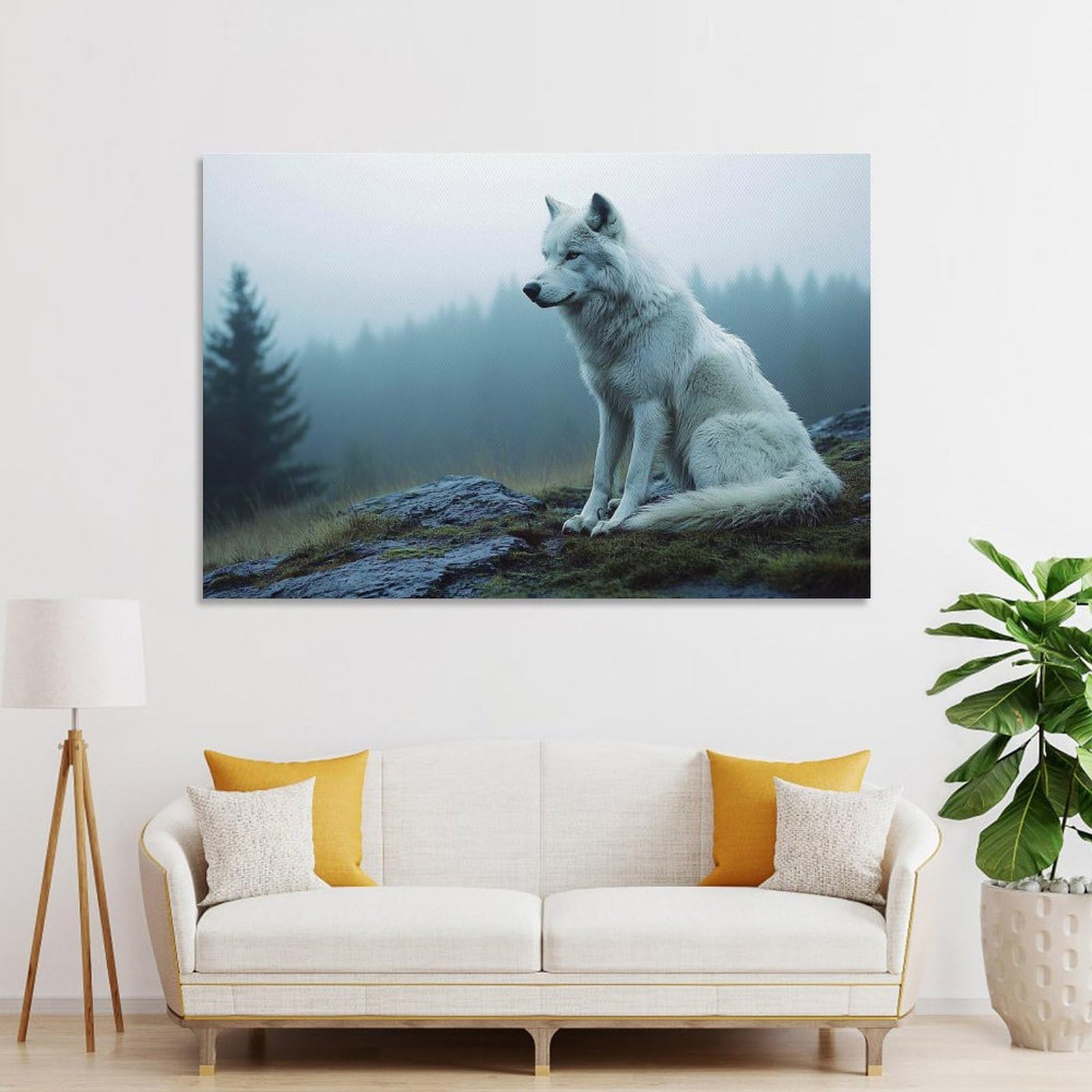 Junmoney White Wolf in Misty Forest Decorative Wall Artwork 20x30inch(50x75cm), for Home Lounge, Bedroom Or Reading Nook, Modern Wall Decor for Cosy Interiors