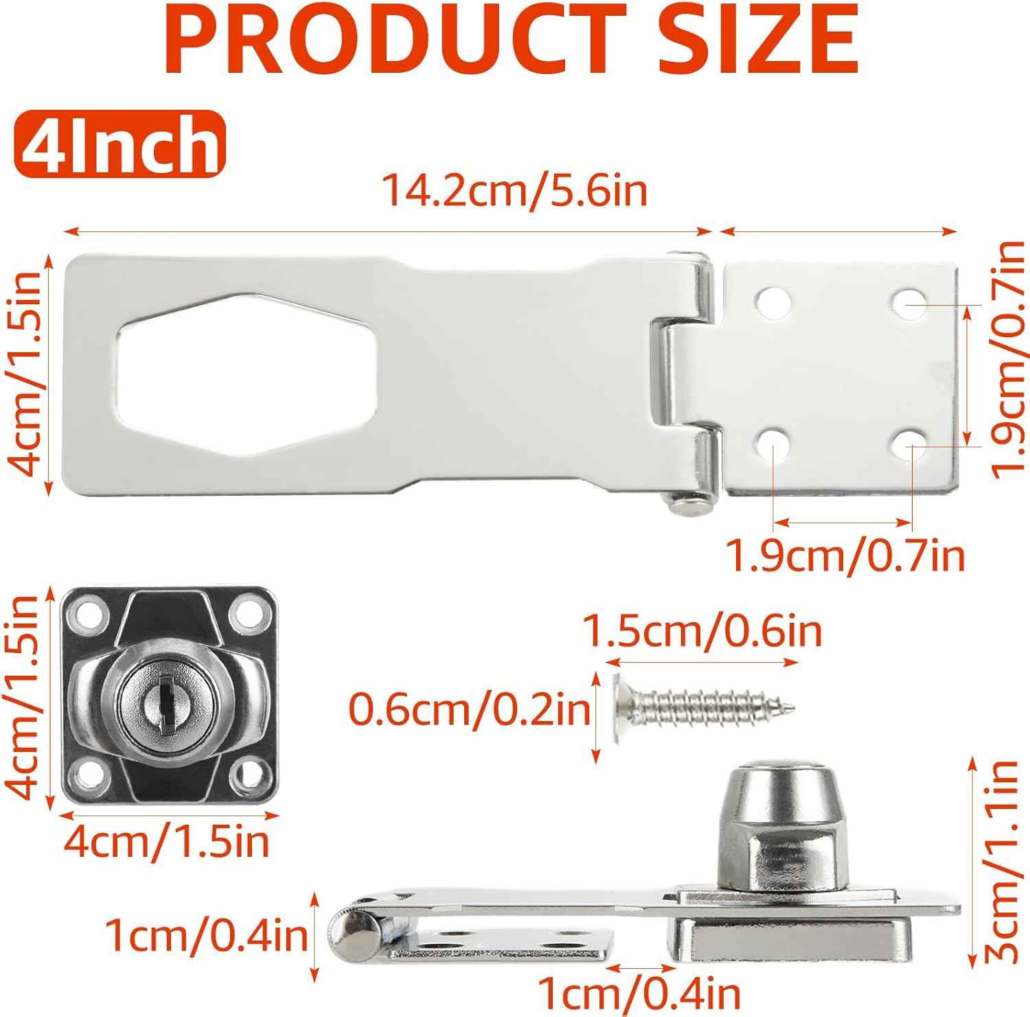 4 Pcs 4" Keyed Hasp Locks, Silver Cabinet Locks with Keys and Screws, Zinc Alloy with Twist Knob Hasp Latch Lock for Small Door, Cabinet