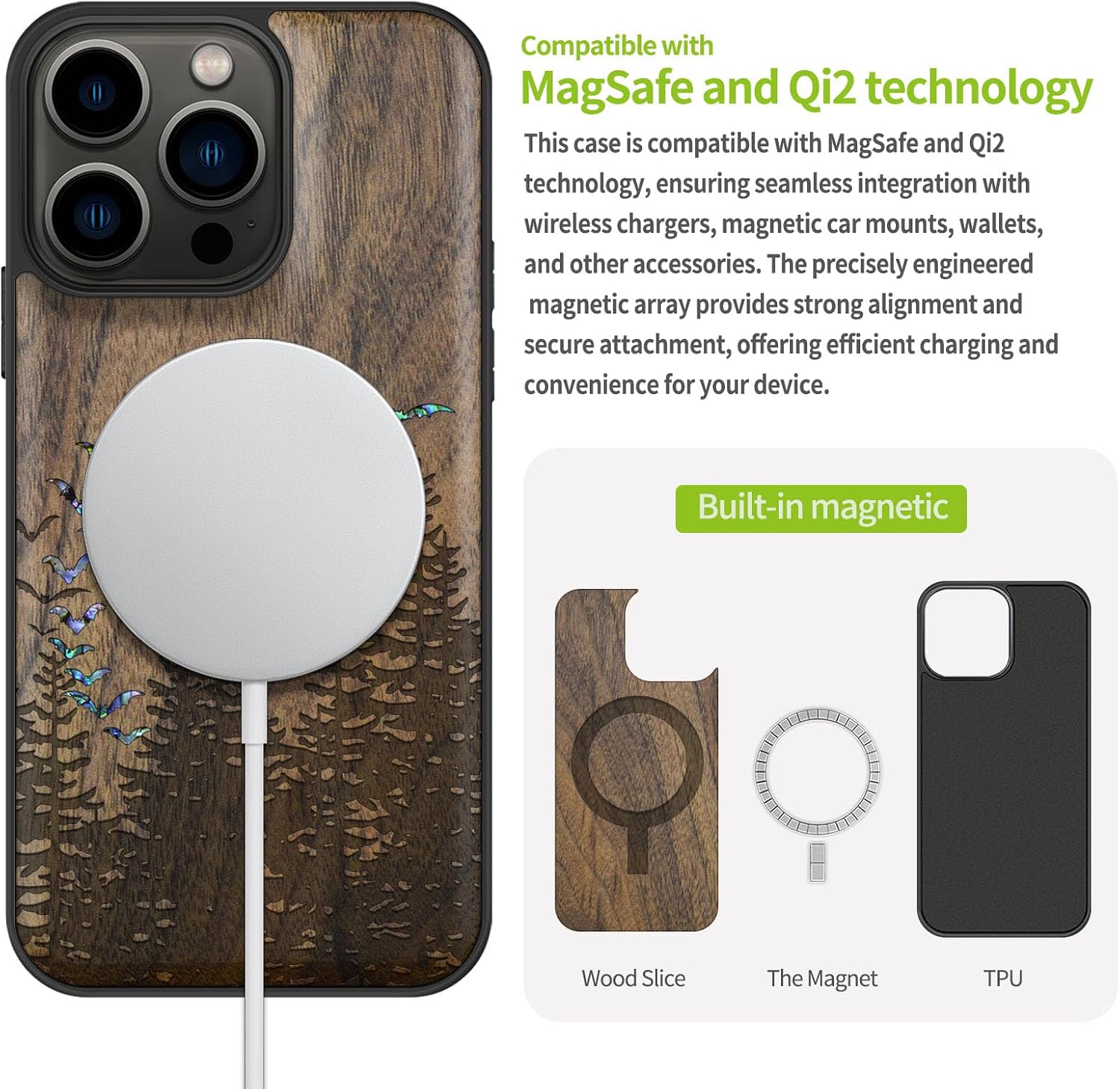 Carveit Designer Wooden Protective Case for iPhone 13 Pro Magnetic Cover [Wood Engraving & Shell Inlay] Wood Phone Case Compatible with 13 Pro MagSafe (Bats Over The Forest-Walnut)