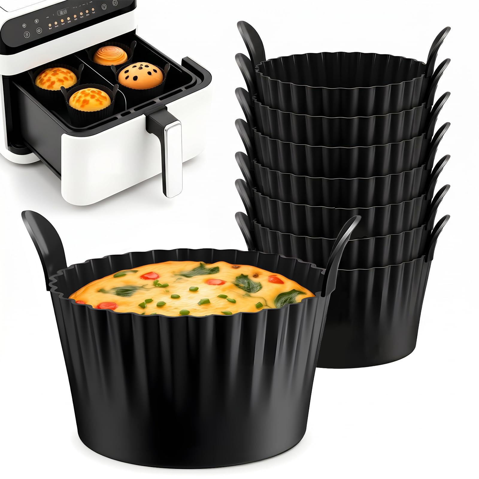 8 Pack Air Fryer Egg Poacher with Handles, Reusable Non-Stick Silicone Muffin Cases for Airfryer, Food-Grade Silicone Egg Bite Moulds Ramekins for Air Fryer, Oven, Microwave and Dishwasher, Black