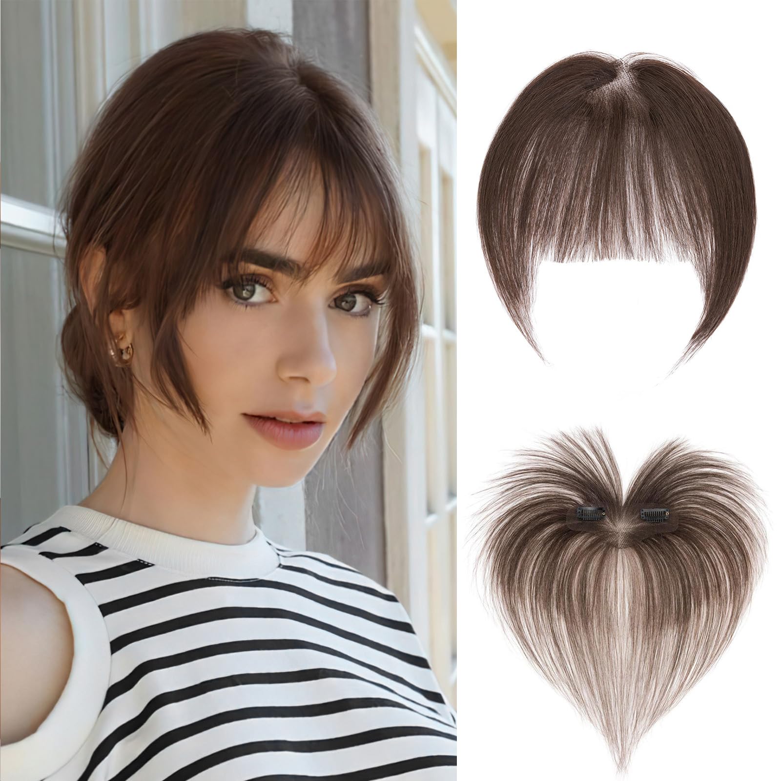 MY-LADY Human Hair Bangs Fringe Clip for Women Air Bangs 100% Real Hair Fringe Clip in Hairpieces for Thinning Sides Temples Daily Wear #2 Dark Brown