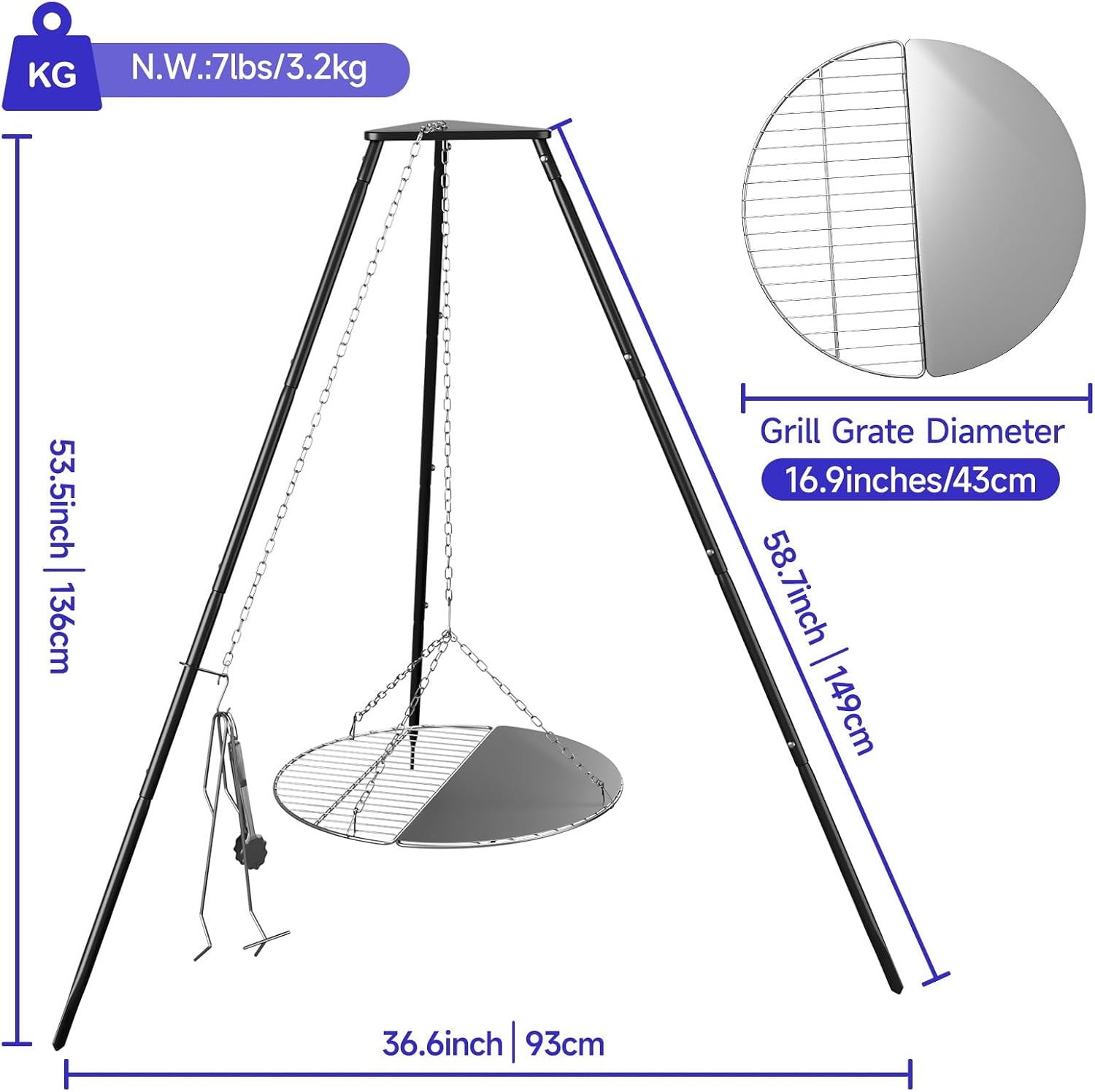 Tripod Cooker Campfire, Grill Grate with Adjustable Height for Cooking Over Fire & Collapsible Legs for Easy Storage