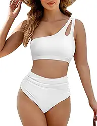 Biquíni feminino de duas peças com parte superior de um ombro e parte inferior de biquíni de cintura alta com controle de barriga