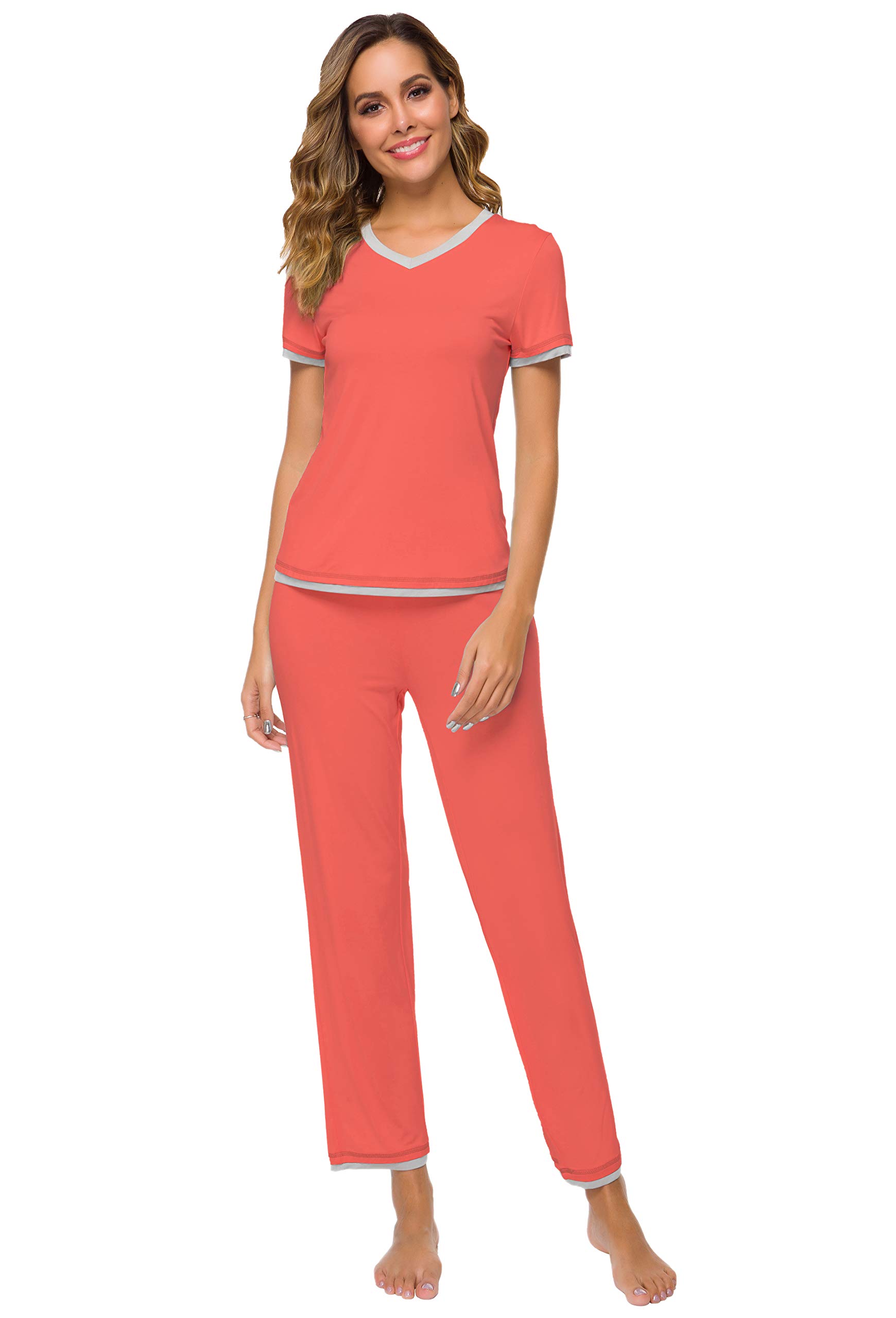WiWi Women's Bamboo Pajama Set - V-Neck Short Sleeve Top & Pants, Soft Lightweight Sleepwear, Sizes S-3X
