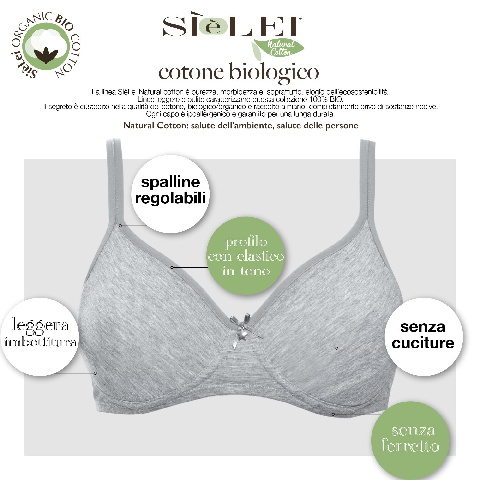 SÌèLEI, Reggiseno Semi-Imbottito Senza Ferretto, Realizzato in Cotone Biologico, 100% Naturale, Designed in Italy