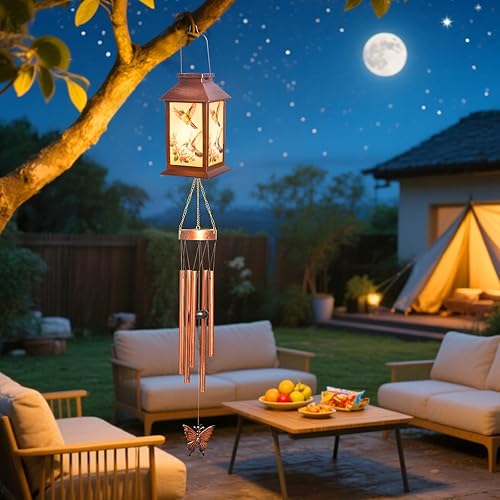 Vista 25 de JOBOSI Red Cap Green Colibrí Carillones de viento Regalos para mamá Carillones de viento Solares Colibríes Campanas de viento Brillantes Decoración