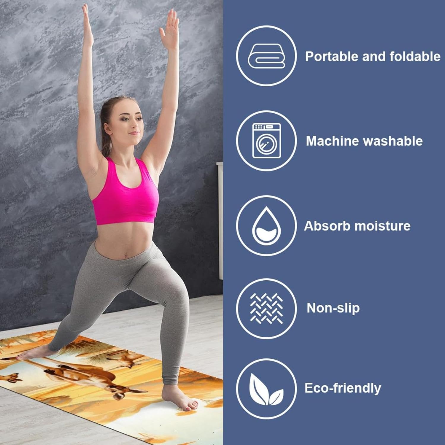 Yoga Towel, Kangaroo Pattern Non Slip Sweat Absorbent Hot Yoga Mat Towel for Hot Yoga, Pilates and Fitness - 72.8" x 26.8"
