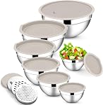 E-far Mixing Bowls with Lids Set, 7-Piece Stainless Steel Metal Mixing Bowls with 3 Grater Attachments, Size 4.6, 3.5, 2.6, 2, 1.5, 1, 0.7QT, Nesting Design & Black Airtight Lids, For Baking/Cooking