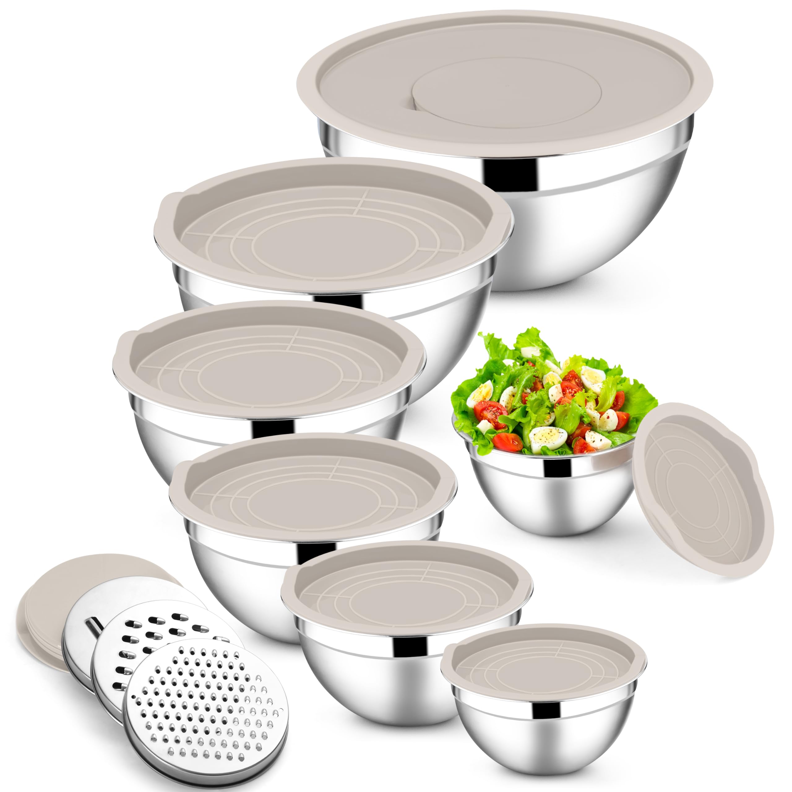 E-far Mixing Bowls with Lids Set, 7 Piece Stainless Steel Metal Mixing Bowls with 3 Grater Attachments, Size 4.6, 3.5, 2.6, 2, 1.5, 1, 0.7QT, Nesting Design Khaki Airtight Lids, For Cooking/Serving