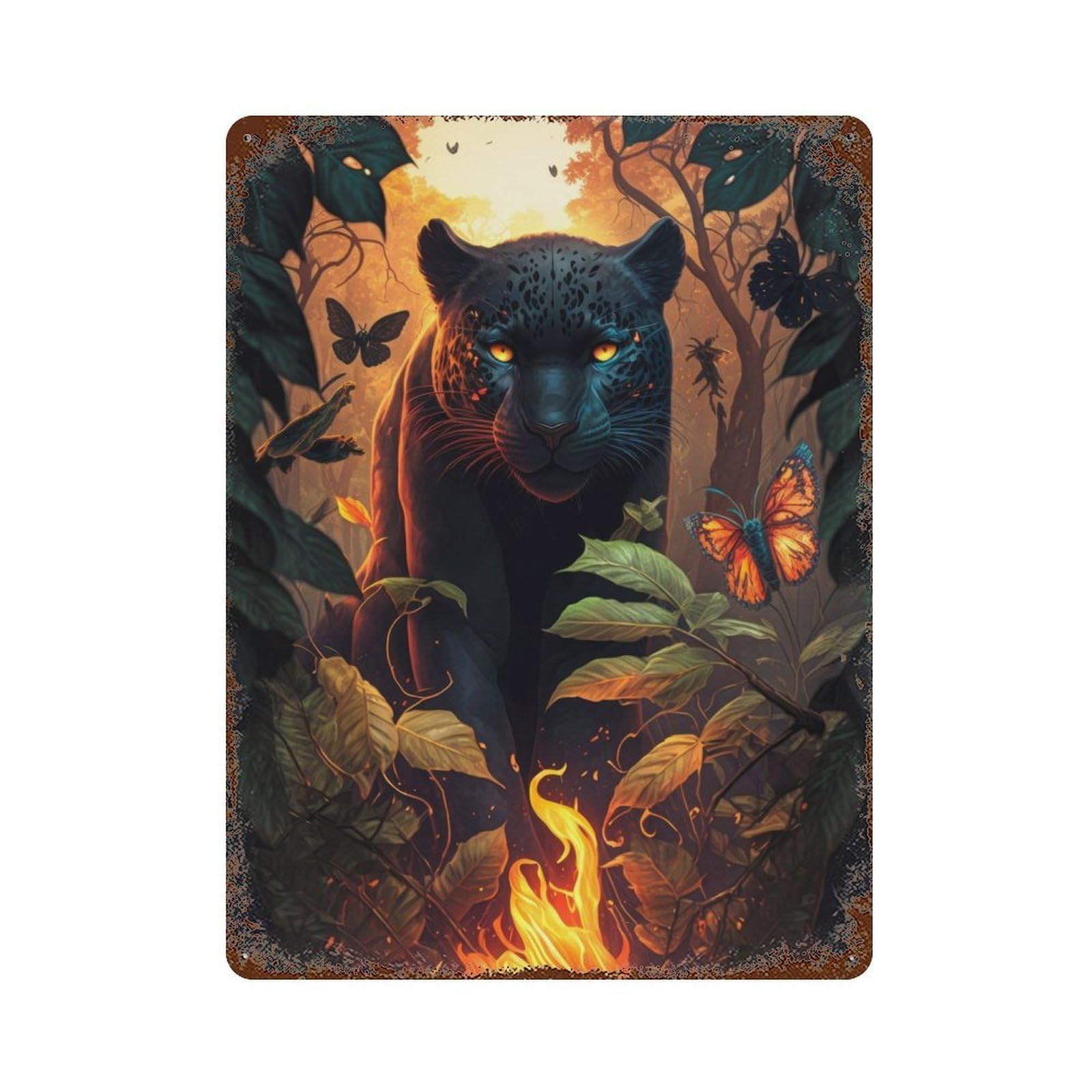 Rust Effect Fiery Black Panther Weathered Tin Sign 15.7"x11.8", Novelty Wall Decor for Office, Studio And Wall Decor