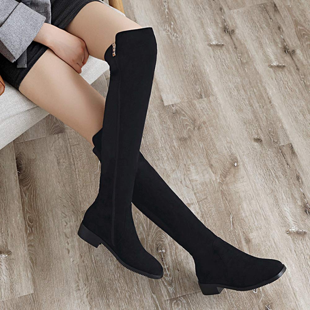 CUTEHEELS Damen Overknee Stiefel Blockabsatz 3cm Reißverschluss Runde Zehe