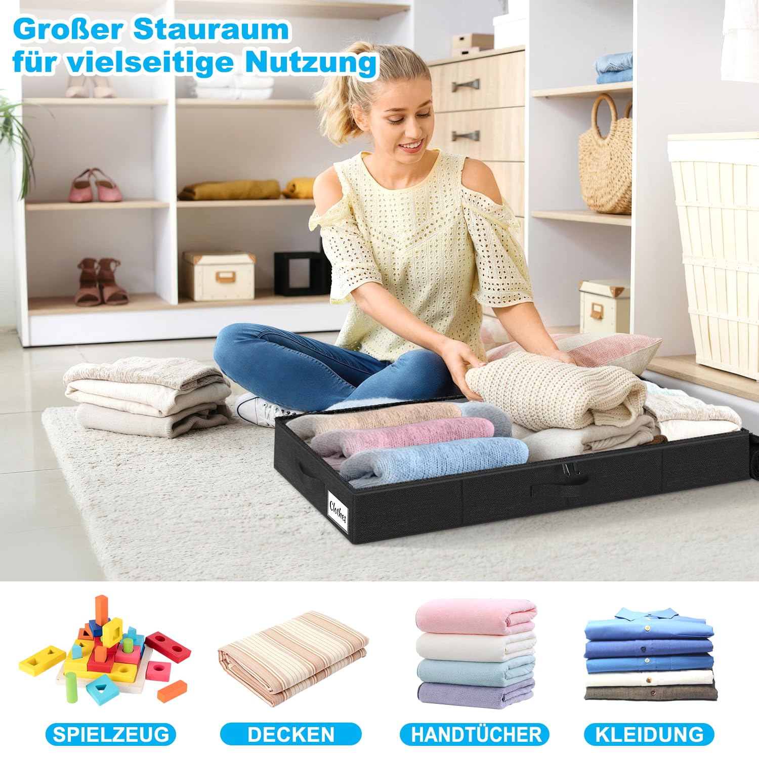 Contenitore sotto il letto, con coperchio, altezza 12 cm, 4 pezzi, pieghevole, lavabile, con 3 maniglie, coperchio con cerniera, per vestiti, coperte