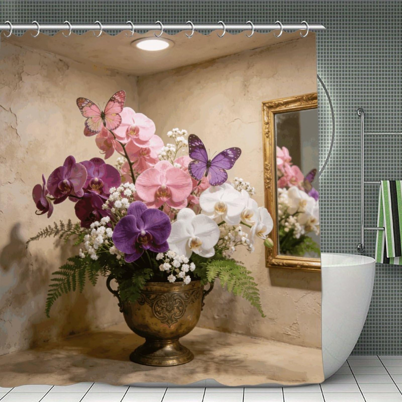VstaDank Aesthetic Butterfly Orchid Shower Curtain Light-Weight Blackout Bathroom Curtain Washable Shower Liner 71x71 Inch Bath Curtain with Metal Holes Bathtub Bath Room