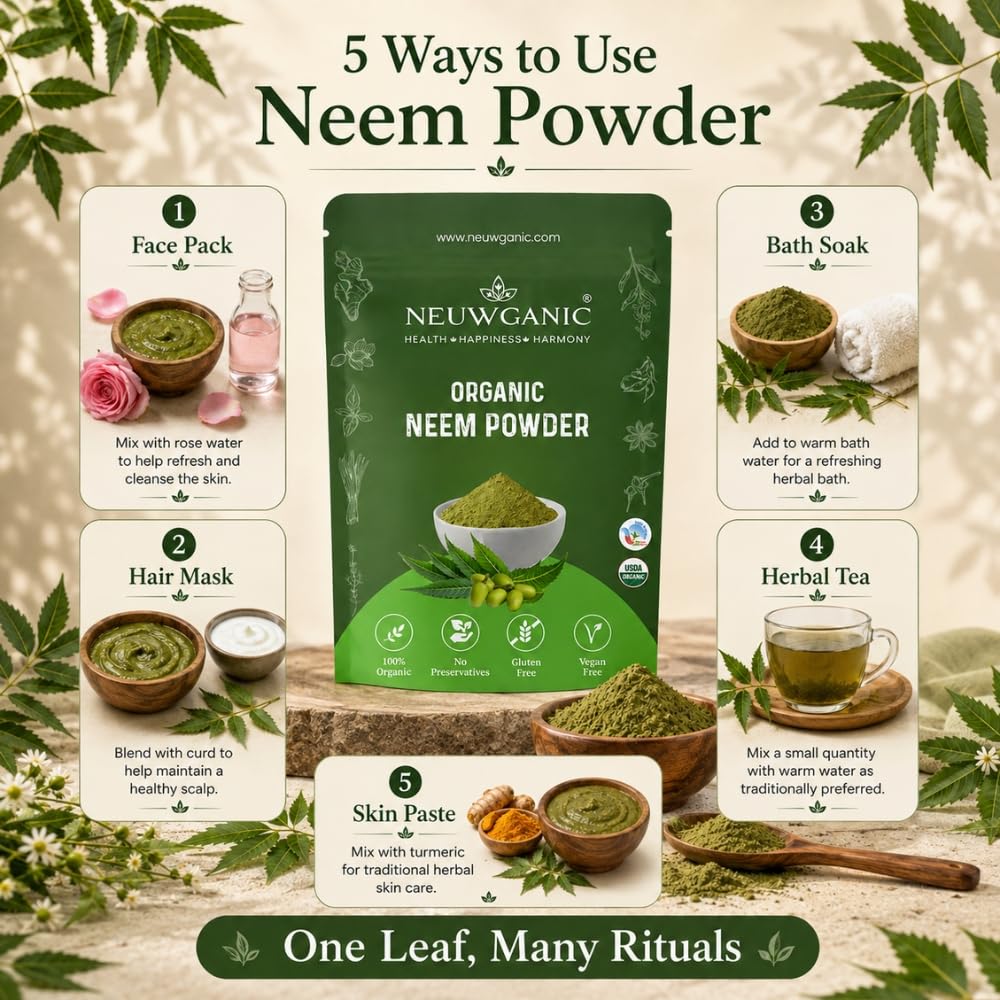 Neuwganic - Organic Neem Leaf Powder - Neem Powder for Face Pack, Eating, Hair & Skin Care - 200 Gm - Pack of 1 3
