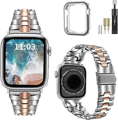 Thin Metal Band Compatible with Apple Watch Band 38mm 40mm 41mm 42mm 44mm 45mm 49mm, Dressy Stainless Steel Chain Strap, Slim Fancy iWatch Band with Case for Women Men