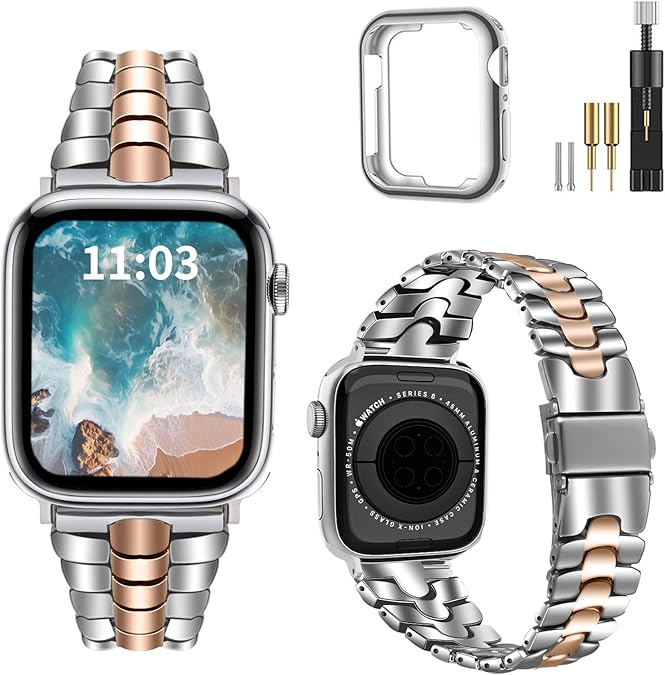 Thin Metal Band Compatible with Apple Watch Band 38mm 40mm 41mm 42mm 44mm 45mm 49mm, Dressy Stainless Steel Chain Strap, Slim Fancy iWatch Band with Case for Women Men