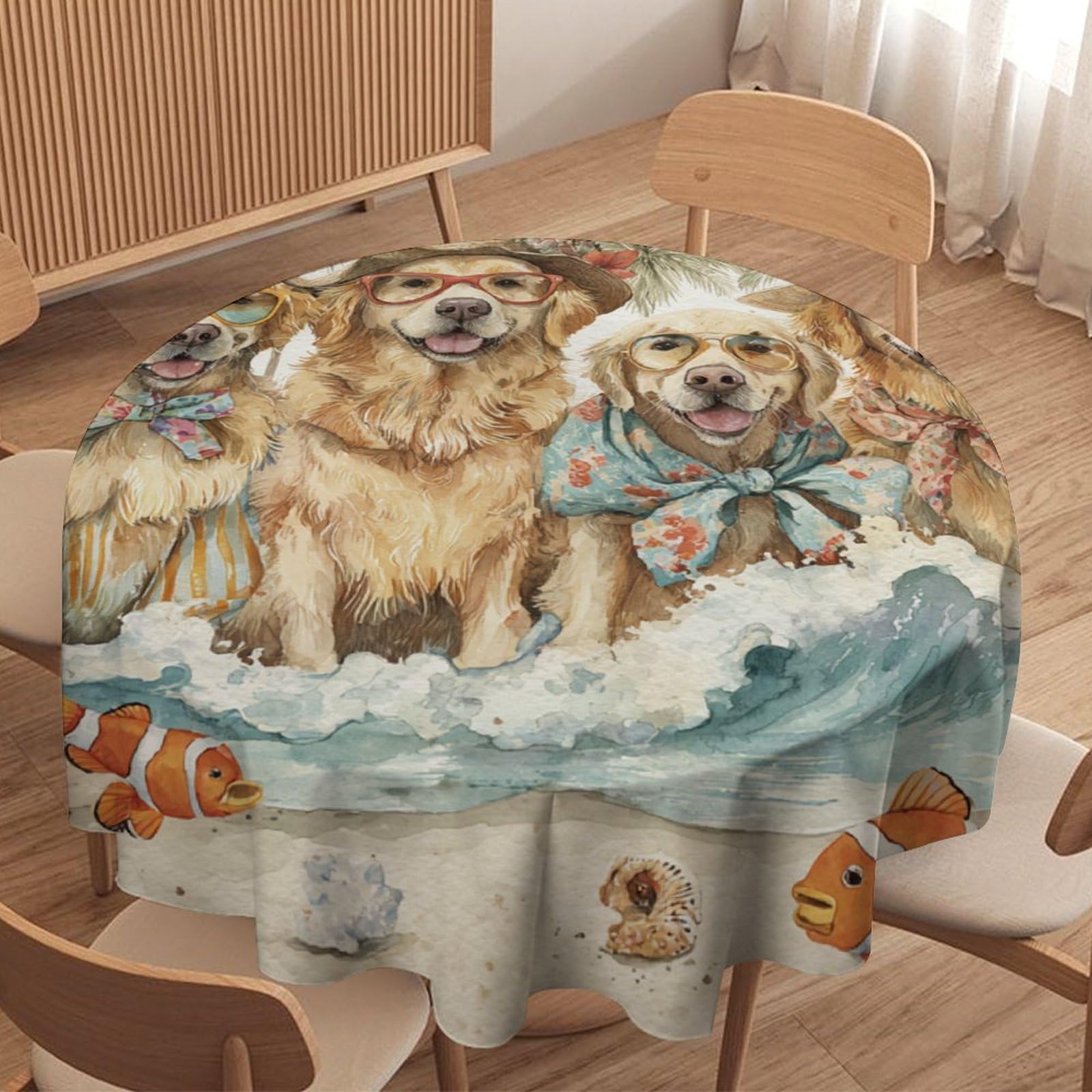 LUYYSKY Retro Classic Cute Dogs Waterproof Round Tablecloth Beautiful Nautical Summer Beach Palm Tree Animals Puppies Fish Pattern Washable Table Cover for Kitchen-152.4" Wx152.4 L cm